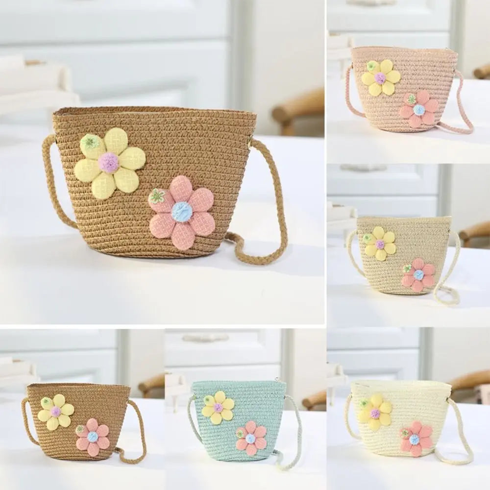 Girl Zipper Flower Straw Bag