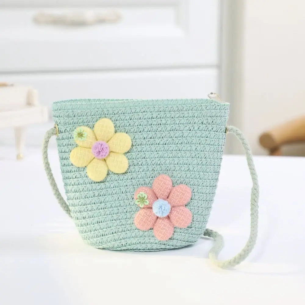 Girl Zipper Flower Straw Bag